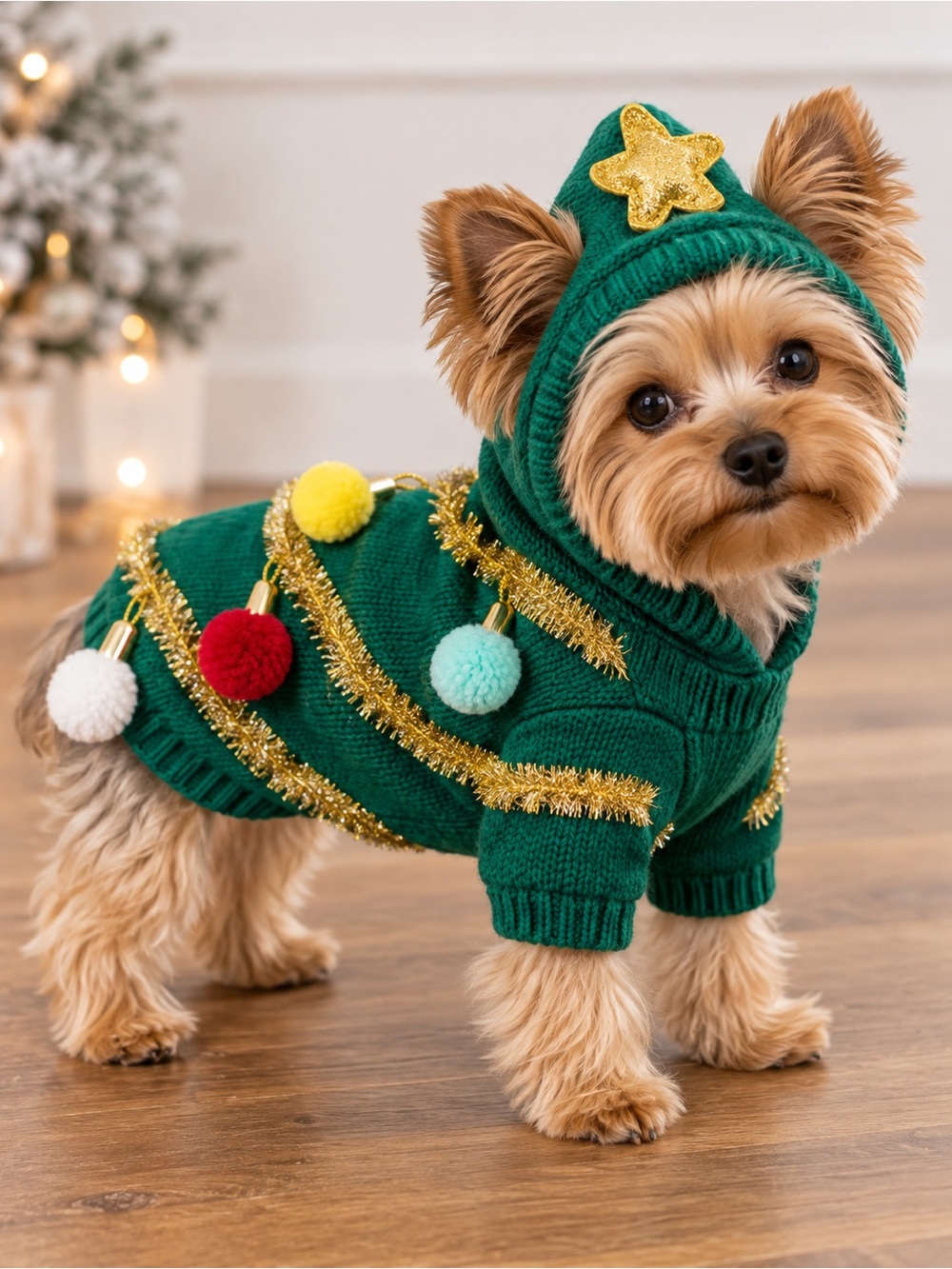 Green Holiday Tree Dog Sweater Hoodie with Pom-Pom Ornaments